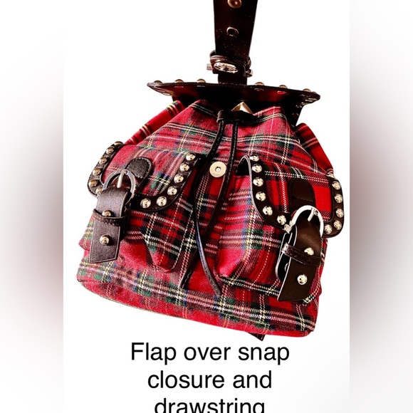 SHEIN NWOT Backpack vegan Leather Silver Studs & Red Plaid - Picture 6 of 10